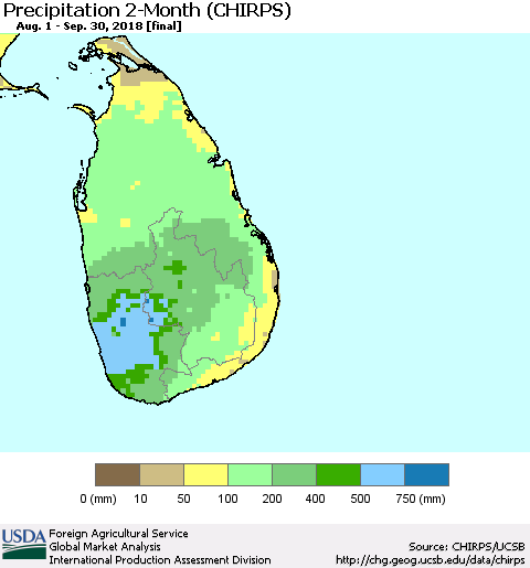 Sri Lanka Precipitation 2-Month (CHIRPS) Thematic Map For 8/1/2018 - 9/30/2018