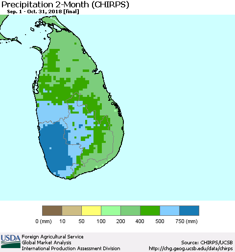 Sri Lanka Precipitation 2-Month (CHIRPS) Thematic Map For 9/1/2018 - 10/31/2018