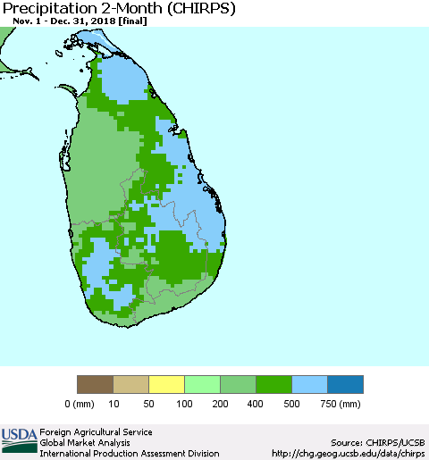 Sri Lanka Precipitation 2-Month (CHIRPS) Thematic Map For 11/1/2018 - 12/31/2018