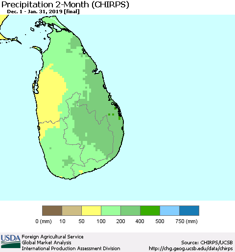 Sri Lanka Precipitation 2-Month (CHIRPS) Thematic Map For 12/1/2018 - 1/31/2019