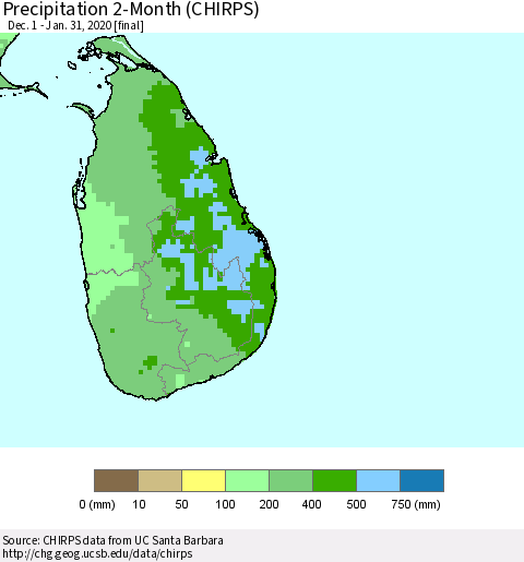 Sri Lanka Precipitation 2-Month (CHIRPS) Thematic Map For 12/1/2019 - 1/31/2020