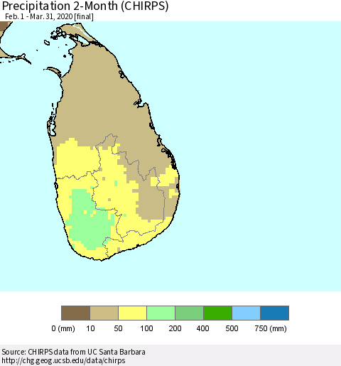 Sri Lanka Precipitation 2-Month (CHIRPS) Thematic Map For 2/1/2020 - 3/31/2020