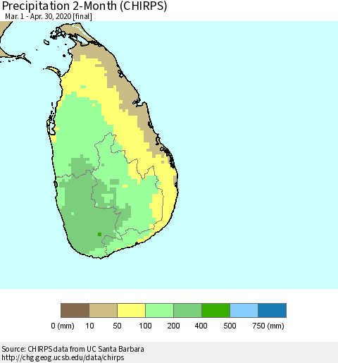 Sri Lanka Precipitation 2-Month (CHIRPS) Thematic Map For 3/1/2020 - 4/30/2020