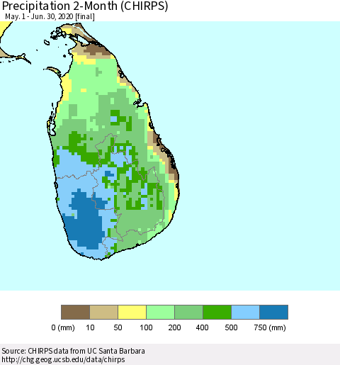 Sri Lanka Precipitation 2-Month (CHIRPS) Thematic Map For 5/1/2020 - 6/30/2020