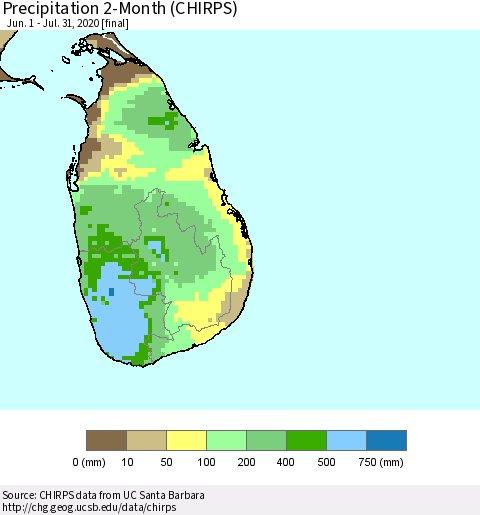 Sri Lanka Precipitation 2-Month (CHIRPS) Thematic Map For 6/1/2020 - 7/31/2020