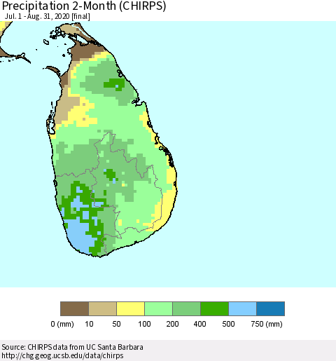 Sri Lanka Precipitation 2-Month (CHIRPS) Thematic Map For 7/1/2020 - 8/31/2020
