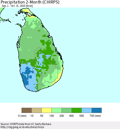 Sri Lanka Precipitation 2-Month (CHIRPS) Thematic Map For 9/1/2020 - 10/31/2020