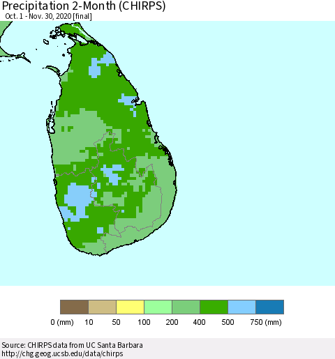 Sri Lanka Precipitation 2-Month (CHIRPS) Thematic Map For 10/1/2020 - 11/30/2020