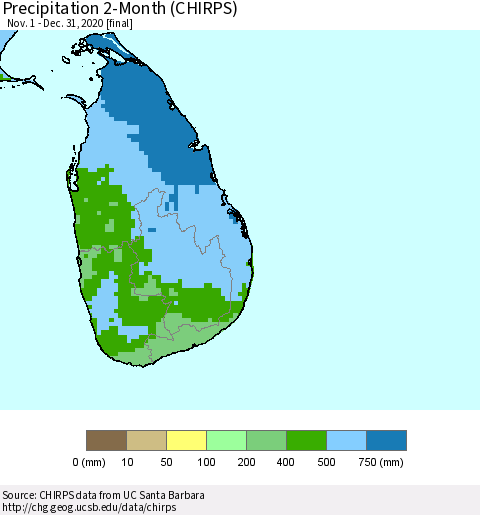 Sri Lanka Precipitation 2-Month (CHIRPS) Thematic Map For 11/1/2020 - 12/31/2020