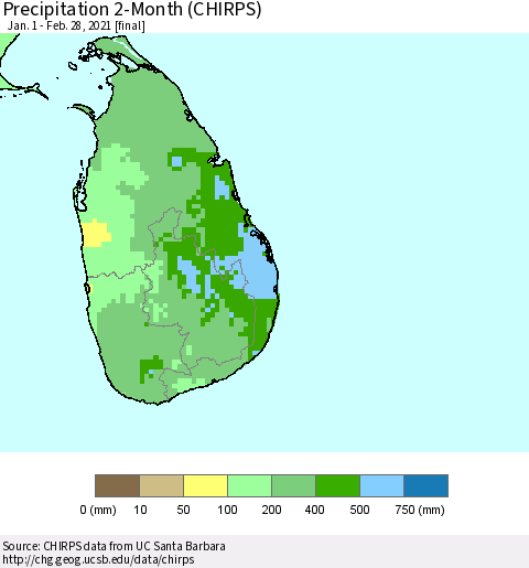 Sri Lanka Precipitation 2-Month (CHIRPS) Thematic Map For 1/1/2021 - 2/28/2021
