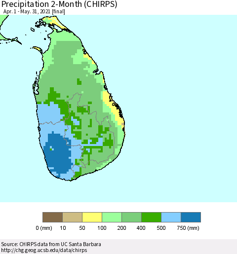 Sri Lanka Precipitation 2-Month (CHIRPS) Thematic Map For 4/1/2021 - 5/31/2021