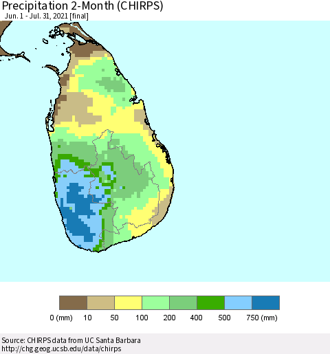 Sri Lanka Precipitation 2-Month (CHIRPS) Thematic Map For 6/1/2021 - 7/31/2021