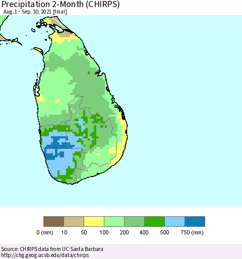 Sri Lanka Precipitation 2-Month (CHIRPS) Thematic Map For 8/1/2021 - 9/30/2021