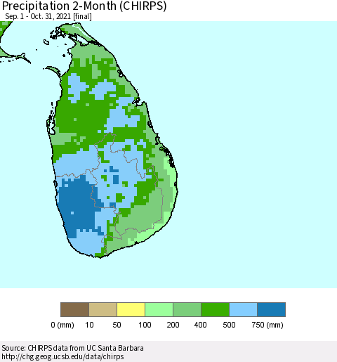 Sri Lanka Precipitation 2-Month (CHIRPS) Thematic Map For 9/1/2021 - 10/31/2021