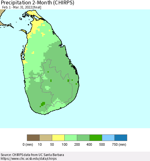 Sri Lanka Precipitation 2-Month (CHIRPS) Thematic Map For 2/1/2022 - 3/31/2022