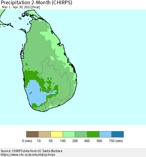 Sri Lanka Precipitation 2-Month (CHIRPS) Thematic Map For 3/1/2022 - 4/30/2022