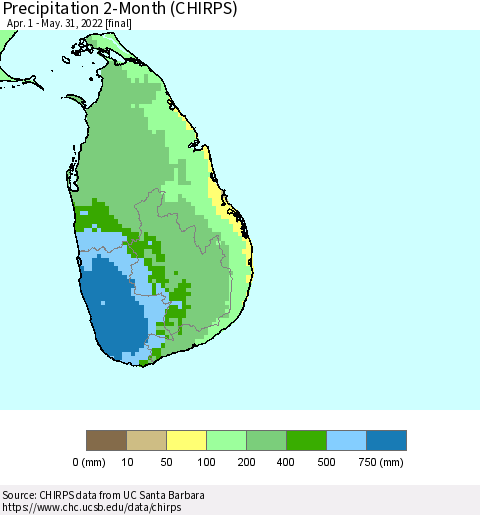 Sri Lanka Precipitation 2-Month (CHIRPS) Thematic Map For 4/1/2022 - 5/31/2022