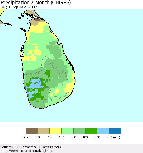 Sri Lanka Precipitation 2-Month (CHIRPS) Thematic Map For 8/1/2022 - 9/30/2022