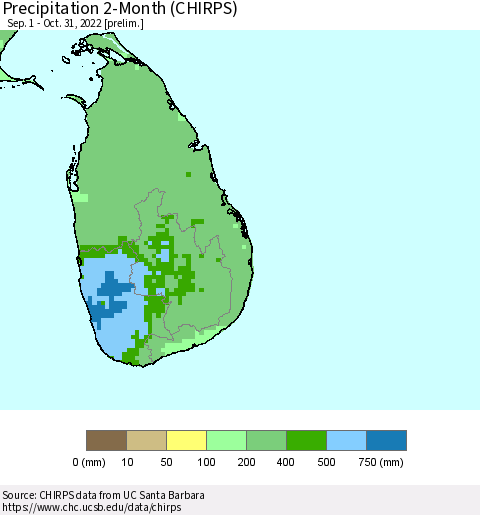 Sri Lanka Precipitation 2-Month (CHIRPS) Thematic Map For 9/1/2022 - 10/31/2022