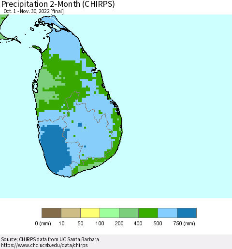 Sri Lanka Precipitation 2-Month (CHIRPS) Thematic Map For 10/1/2022 - 11/30/2022