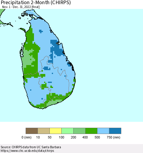 Sri Lanka Precipitation 2-Month (CHIRPS) Thematic Map For 11/1/2022 - 12/31/2022