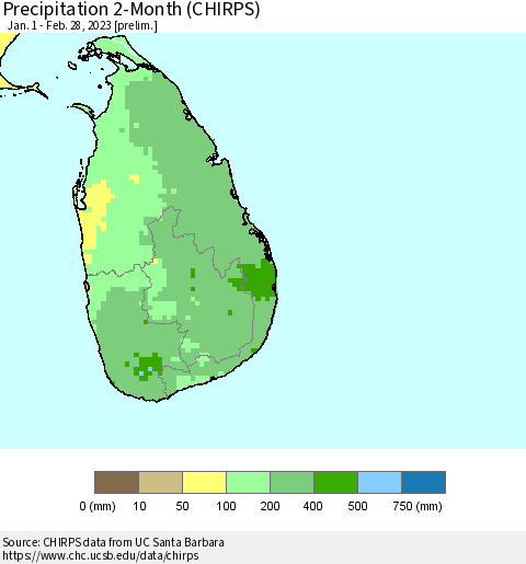 Sri Lanka Precipitation 2-Month (CHIRPS) Thematic Map For 1/1/2023 - 2/28/2023