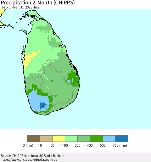 Sri Lanka Precipitation 2-Month (CHIRPS) Thematic Map For 2/1/2023 - 3/31/2023