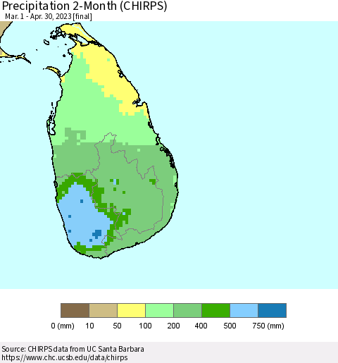 Sri Lanka Precipitation 2-Month (CHIRPS) Thematic Map For 3/1/2023 - 4/30/2023