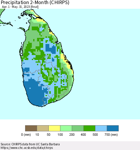 Sri Lanka Precipitation 2-Month (CHIRPS) Thematic Map For 4/1/2023 - 5/31/2023