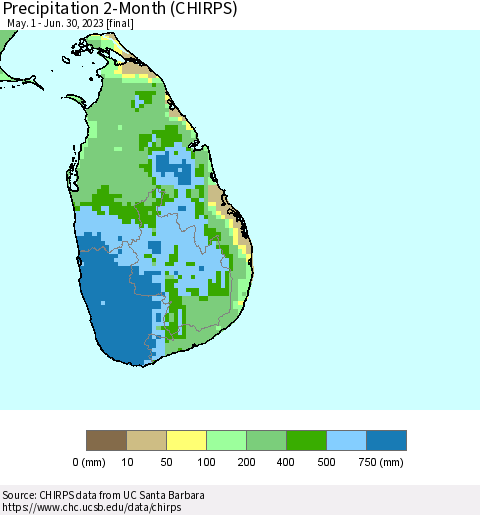 Sri Lanka Precipitation 2-Month (CHIRPS) Thematic Map For 5/1/2023 - 6/30/2023