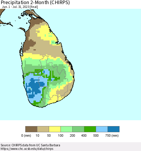 Sri Lanka Precipitation 2-Month (CHIRPS) Thematic Map For 6/1/2023 - 7/31/2023