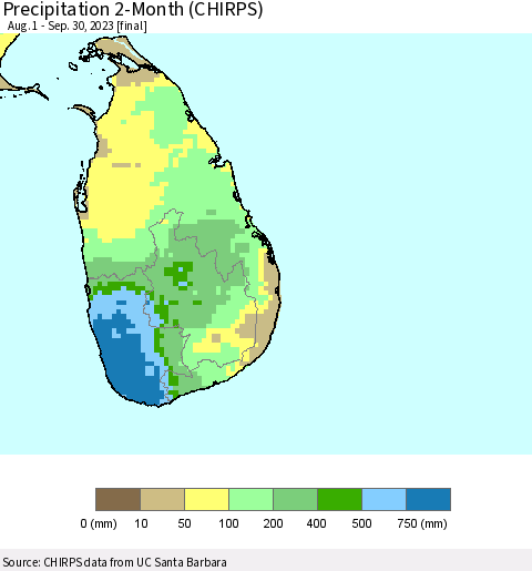 Sri Lanka Precipitation 2-Month (CHIRPS) Thematic Map For 8/1/2023 - 9/30/2023