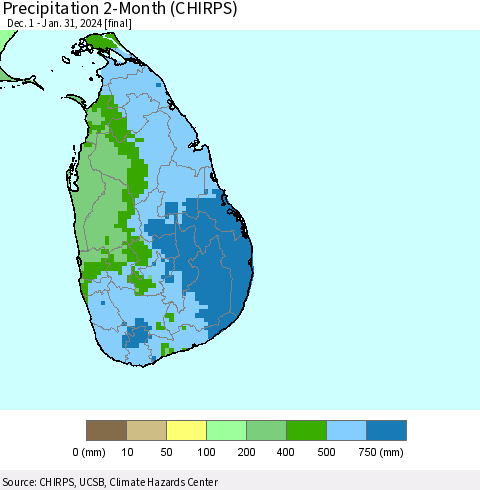 Sri Lanka Precipitation 2-Month (CHIRPS) Thematic Map For 12/1/2023 - 1/31/2024