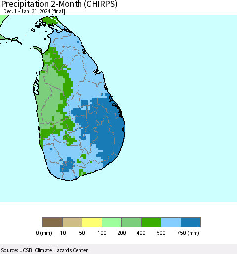 Sri Lanka Precipitation 2-Month (CHIRPS) Thematic Map For 12/1/2023 - 1/31/2024