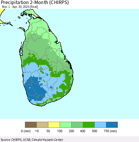 Sri Lanka Precipitation 2-Month (CHIRPS) Thematic Map For 3/1/2025 - 4/30/2025