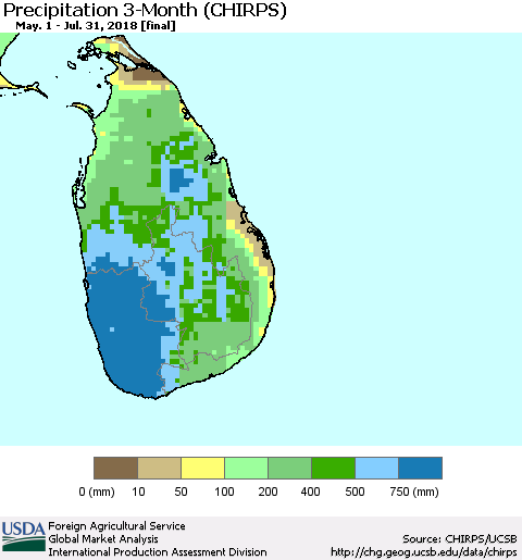 Sri Lanka Precipitation 3-Month (CHIRPS) Thematic Map For 5/1/2018 - 7/31/2018