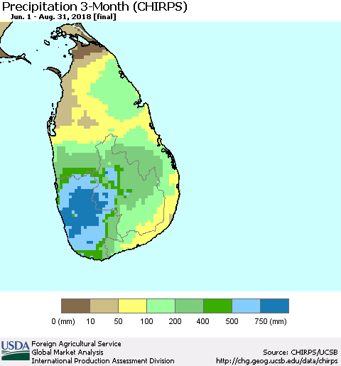 Sri Lanka Precipitation 3-Month (CHIRPS) Thematic Map For 6/1/2018 - 8/31/2018