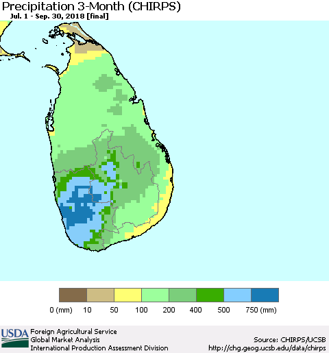Sri Lanka Precipitation 3-Month (CHIRPS) Thematic Map For 7/1/2018 - 9/30/2018