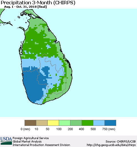 Sri Lanka Precipitation 3-Month (CHIRPS) Thematic Map For 8/1/2018 - 10/31/2018