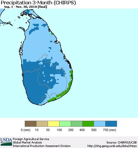Sri Lanka Precipitation 3-Month (CHIRPS) Thematic Map For 9/1/2018 - 11/30/2018