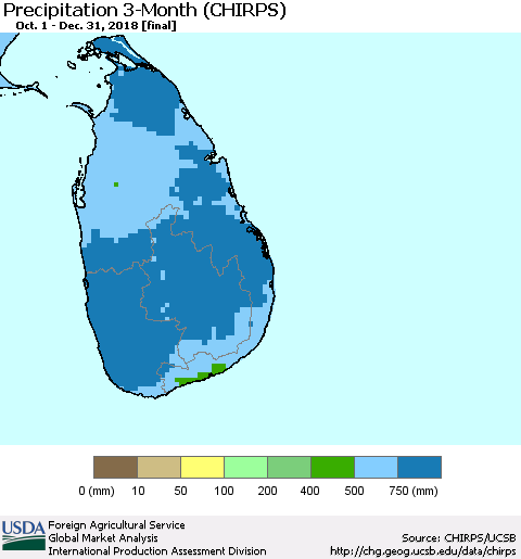 Sri Lanka Precipitation 3-Month (CHIRPS) Thematic Map For 10/1/2018 - 12/31/2018