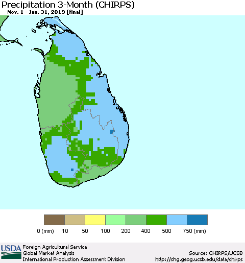 Sri Lanka Precipitation 3-Month (CHIRPS) Thematic Map For 11/1/2018 - 1/31/2019