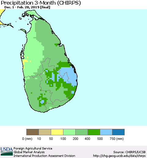 Sri Lanka Precipitation 3-Month (CHIRPS) Thematic Map For 12/1/2018 - 2/28/2019