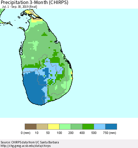 Sri Lanka Precipitation 3-Month (CHIRPS) Thematic Map For 7/1/2019 - 9/30/2019