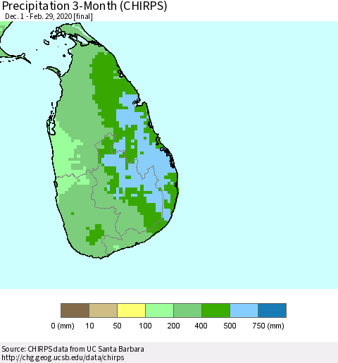 Sri Lanka Precipitation 3-Month (CHIRPS) Thematic Map For 12/1/2019 - 2/29/2020
