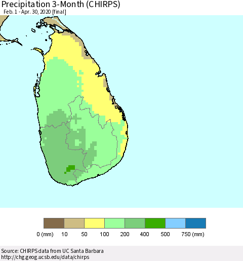 Sri Lanka Precipitation 3-Month (CHIRPS) Thematic Map For 2/1/2020 - 4/30/2020