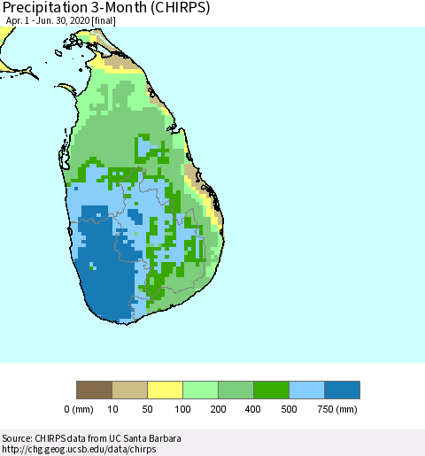 Sri Lanka Precipitation 3-Month (CHIRPS) Thematic Map For 4/1/2020 - 6/30/2020