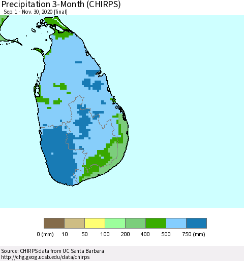 Sri Lanka Precipitation 3-Month (CHIRPS) Thematic Map For 9/1/2020 - 11/30/2020