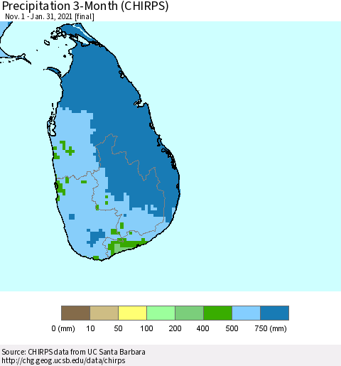 Sri Lanka Precipitation 3-Month (CHIRPS) Thematic Map For 11/1/2020 - 1/31/2021