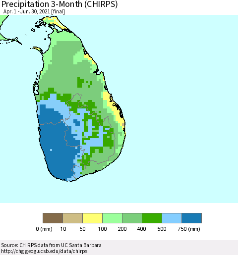 Sri Lanka Precipitation 3-Month (CHIRPS) Thematic Map For 4/1/2021 - 6/30/2021